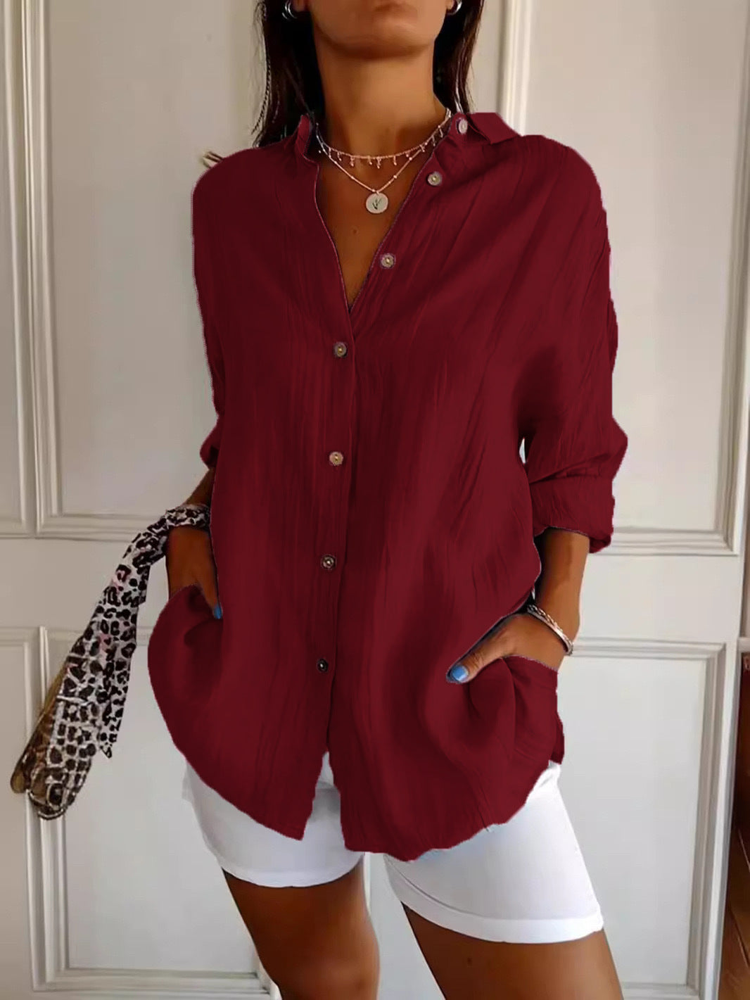 Women's Loose Crinkle Shirt with Pockets and Rolled-Up Sleeves Mune Fashion