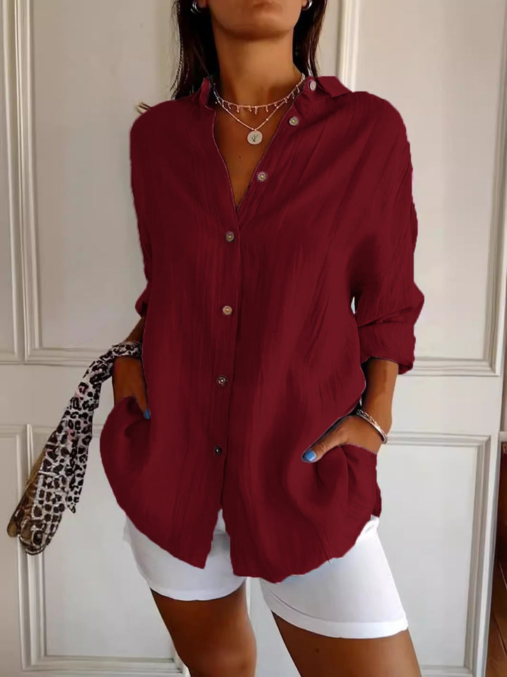 Women's Loose Crinkle Shirt with Pockets and Rolled-Up Sleeves Mune Fashion