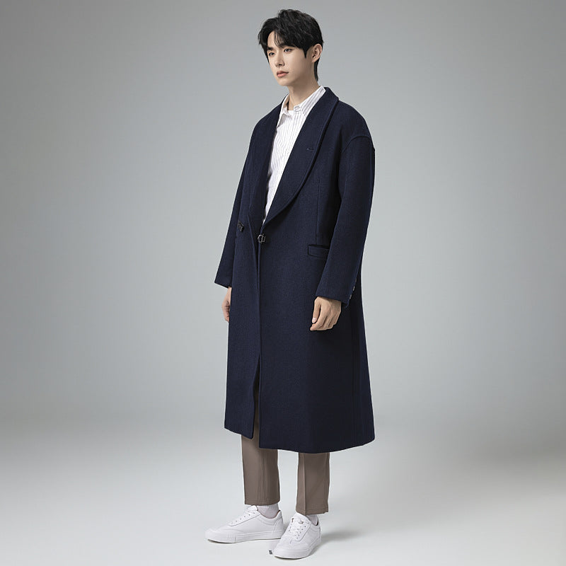 Men's maxi-length wool blend overcoat in oversized fit with wide shawl collar and decorative belt Mune Fashion