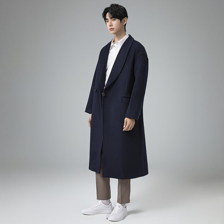 Men's maxi-length wool blend overcoat in oversized fit with wide shawl collar and decorative belt Mune Fashion