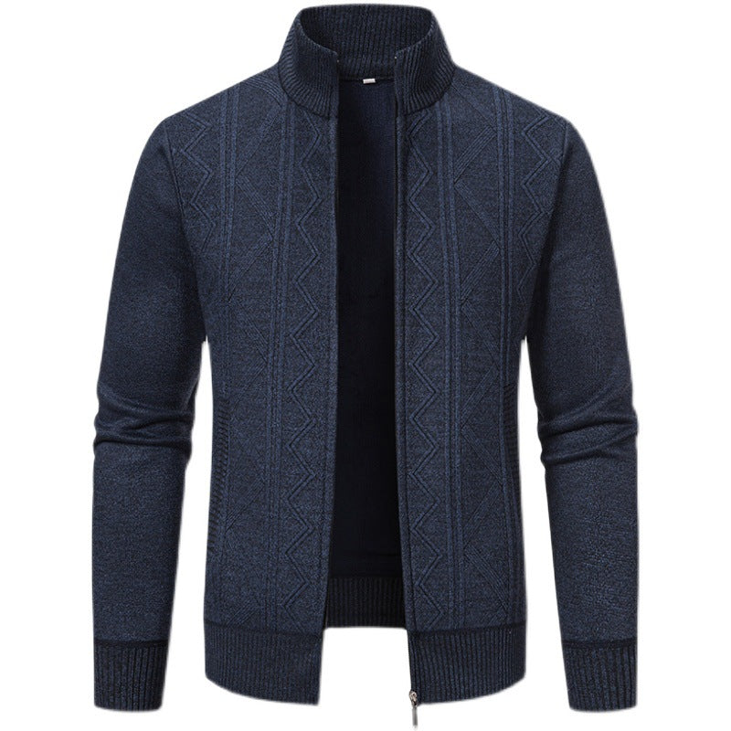 Men's knitted zip cardigan with stand-up collar, geometric textured pattern and concealed pockets Mune Fashion