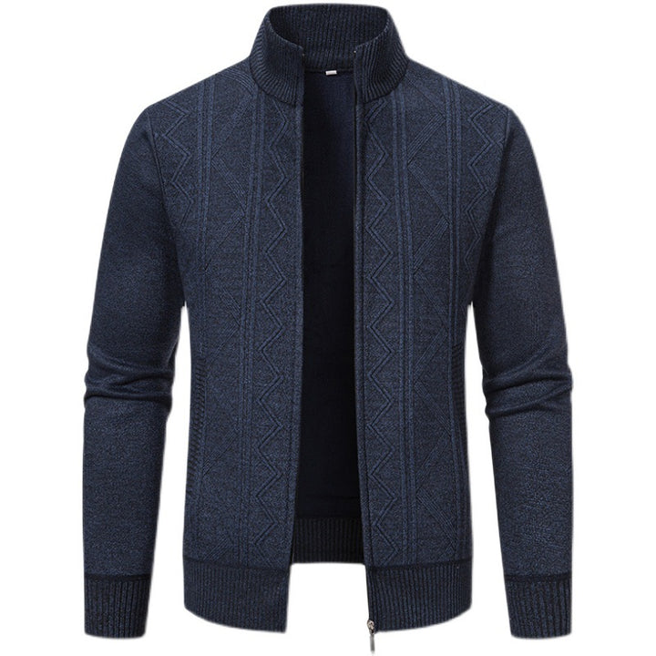 Men's knitted zip cardigan with stand-up collar, geometric textured pattern and concealed pockets Mune Fashion
