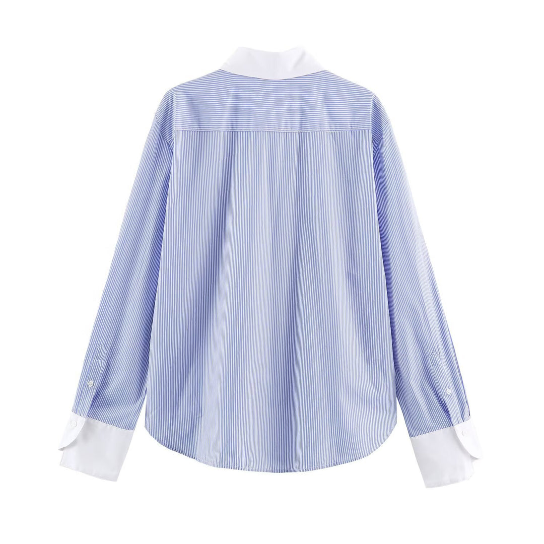 Women's Oversized Shirt Blouse with Frog Button Closures and Contrast Collar Drune