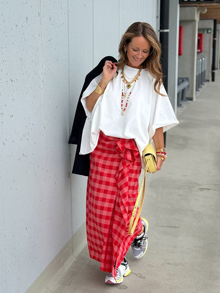 Women's maxi skirt with Vichy check, side ruffle gathering & wrap look Mune Fashion