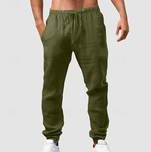 Men's relaxed sporty linen leisure pants with drawstring waistband, elastic ankle cuffs, and side seam pockets Mune Fashion