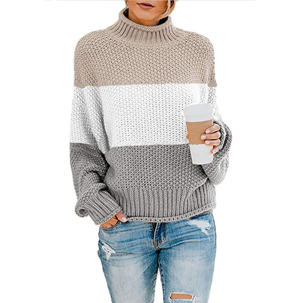 Women's chunky knit turtleneck sweater with oversized cut and block stripe design Mune Fashion