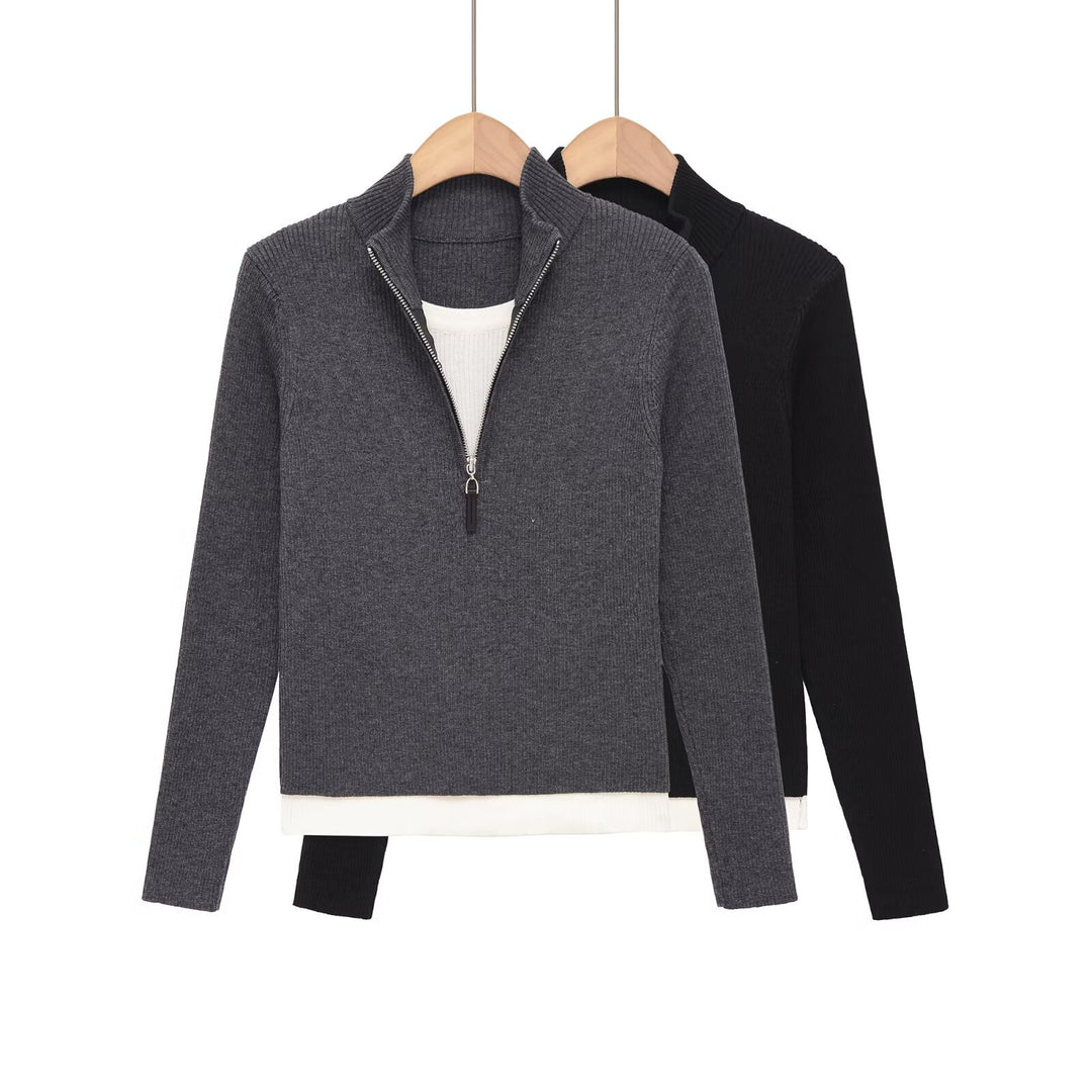 Women's fine knit sweater with half zipper, standing collar and layered look hem Mune Fashion