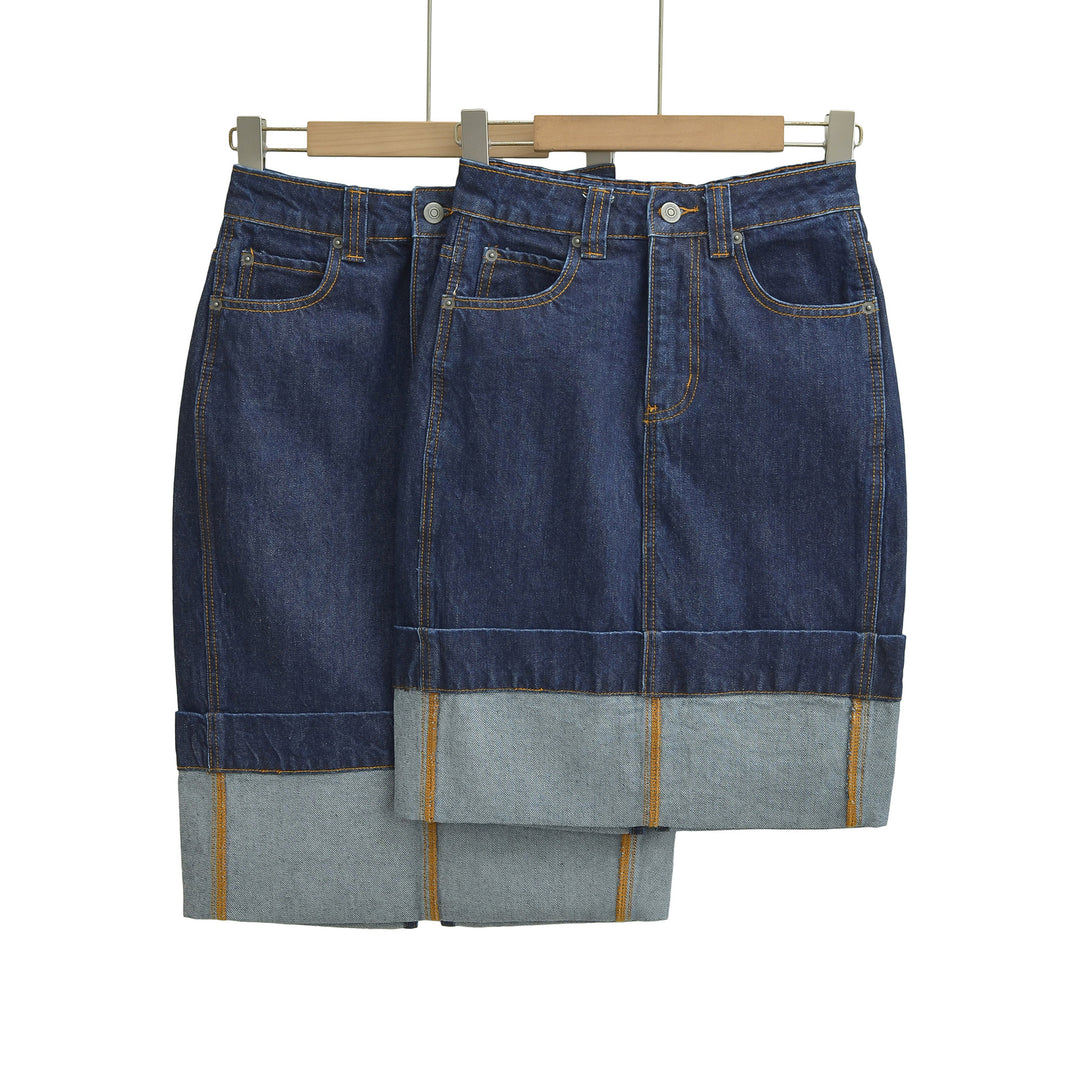 Women's High-Waisted Midi Skirt Made of Denim with Visible Seams and Turned-Up Hem Mune Fashion