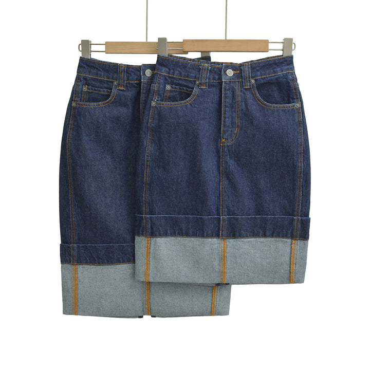 Women's High-Waisted Midi Skirt Made of Denim with Visible Seams and Turned-Up Hem Mune Fashion