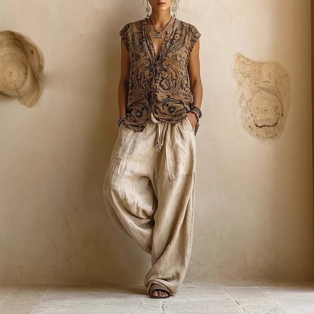 Women Casual Linen Pants with High Waist Mune Fashion