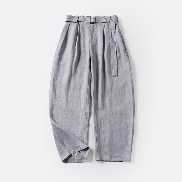 Women's High-Waisted Linen-Cotton Pleated Trousers with Tied Belt and Tapered Leg Mune Fashion