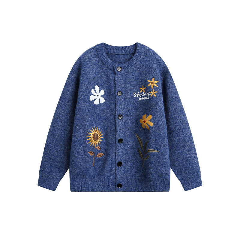 Women's knit cardigan with floral embroidery, round neckline and button placket Mune Fashion