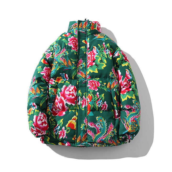 Women’s Padded Quilted Puffer Jacket with Large Floral Print and Stand Collar Mune Fashion