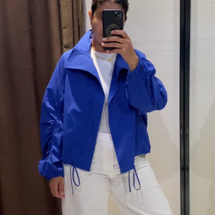 Women's Lightweight Windbreaker with Stand-up Collar, Snap Button Placket and Drawstring Mune Fashion
