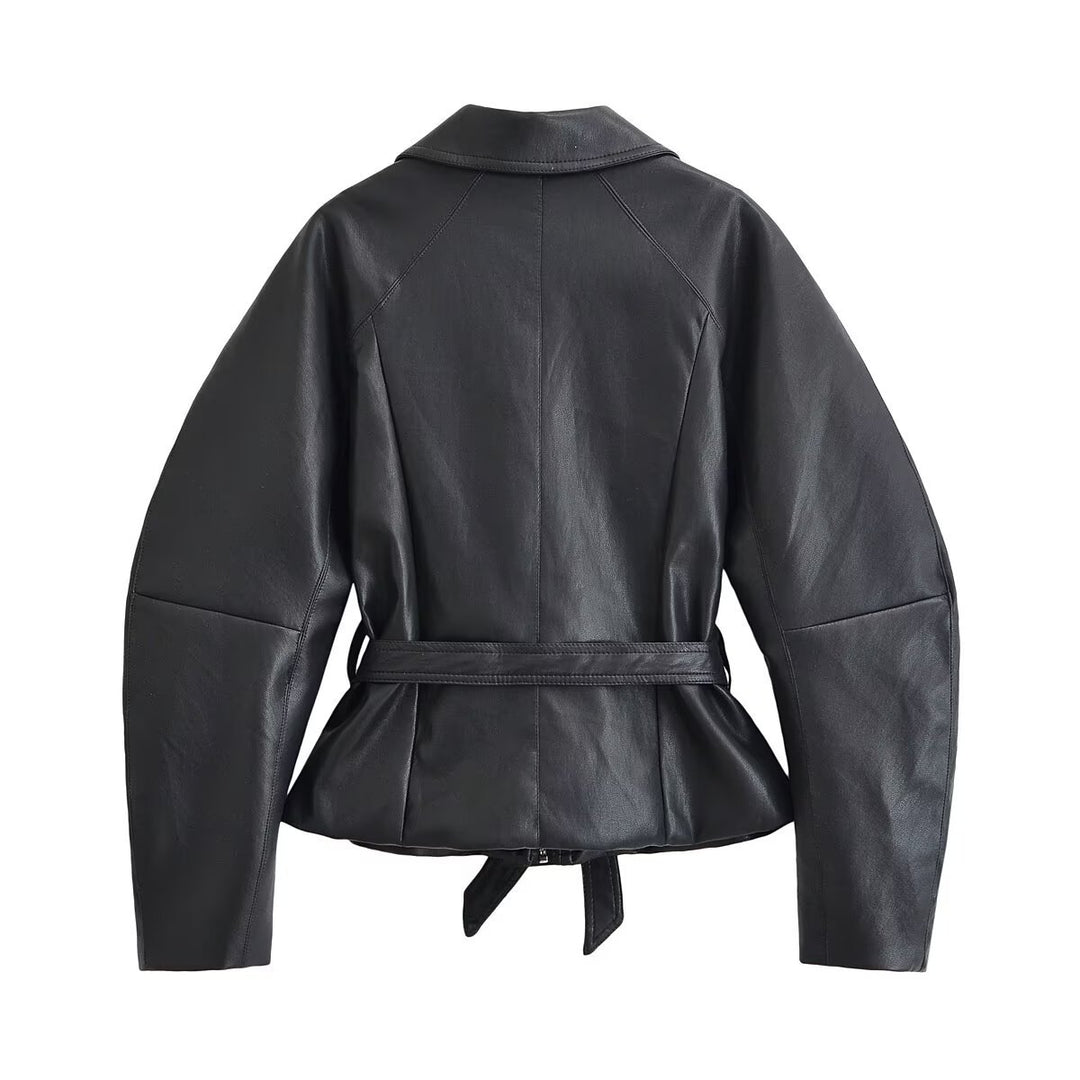 Women Tailored Leather Look Jacket with Tie Belt and Raglan Sleeves Mune Fashion