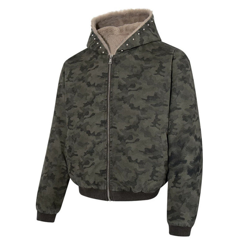 Women's padded camouflage bomber jacket with teddy lining, hood, and ribbed cuffs Mune Fashion
