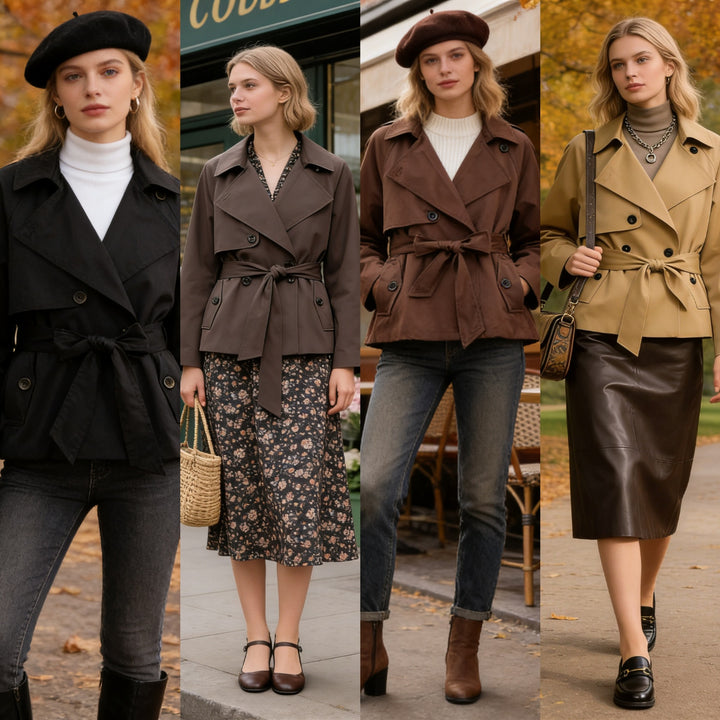 Women Cropped Waist Belt Trench Coat with Wide Lapels and Flap Pockets Mune Fashion
