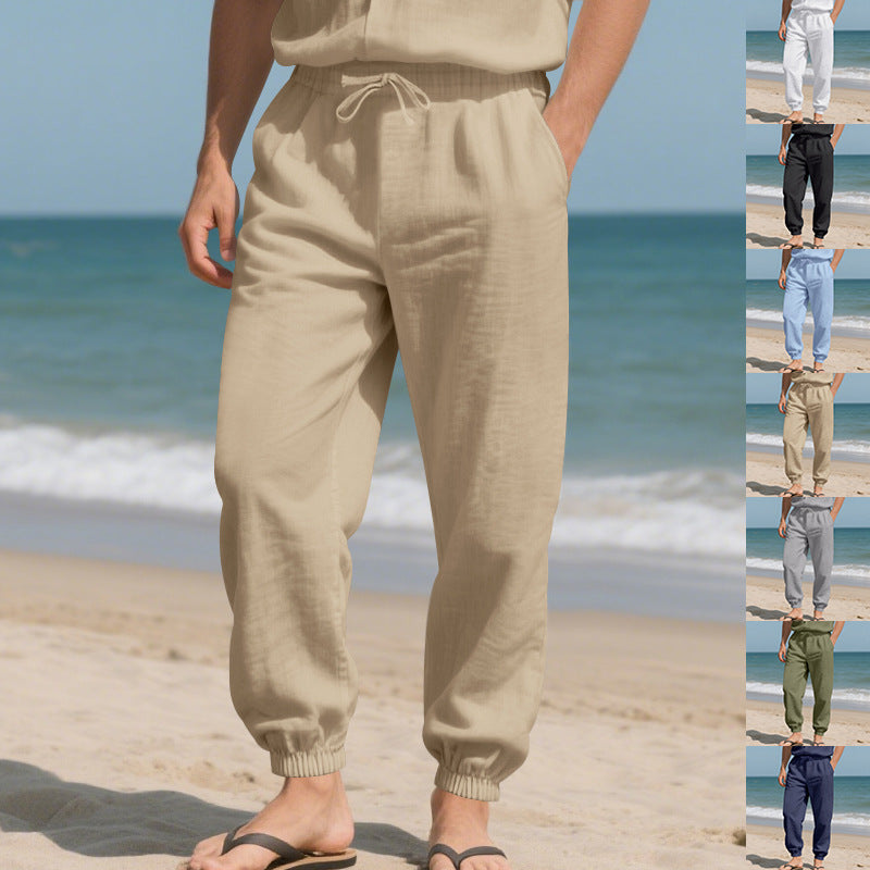 Men's Lightweight Linen Look Lounge Pants with Drawstring, Elastic Ankle Cuffs & Side Pockets Mune Fashion