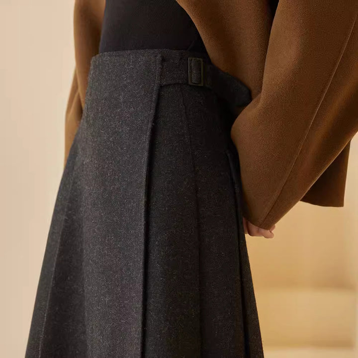 Women’s High-Waisted Midi A-Line Skirt made of Wool Blend with Pleats and Decorative Tab Mune Fashion