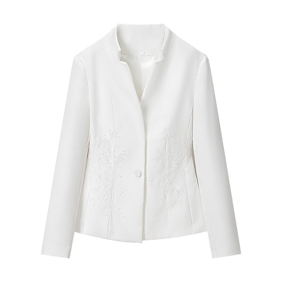 Women Tailored Blazer with Stand Collar and Floral Embroidery Mune Fashion