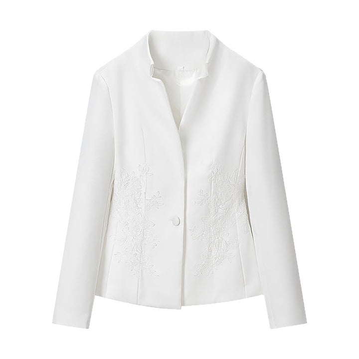 Women Tailored Blazer with Stand Collar and Floral Embroidery Mune Fashion