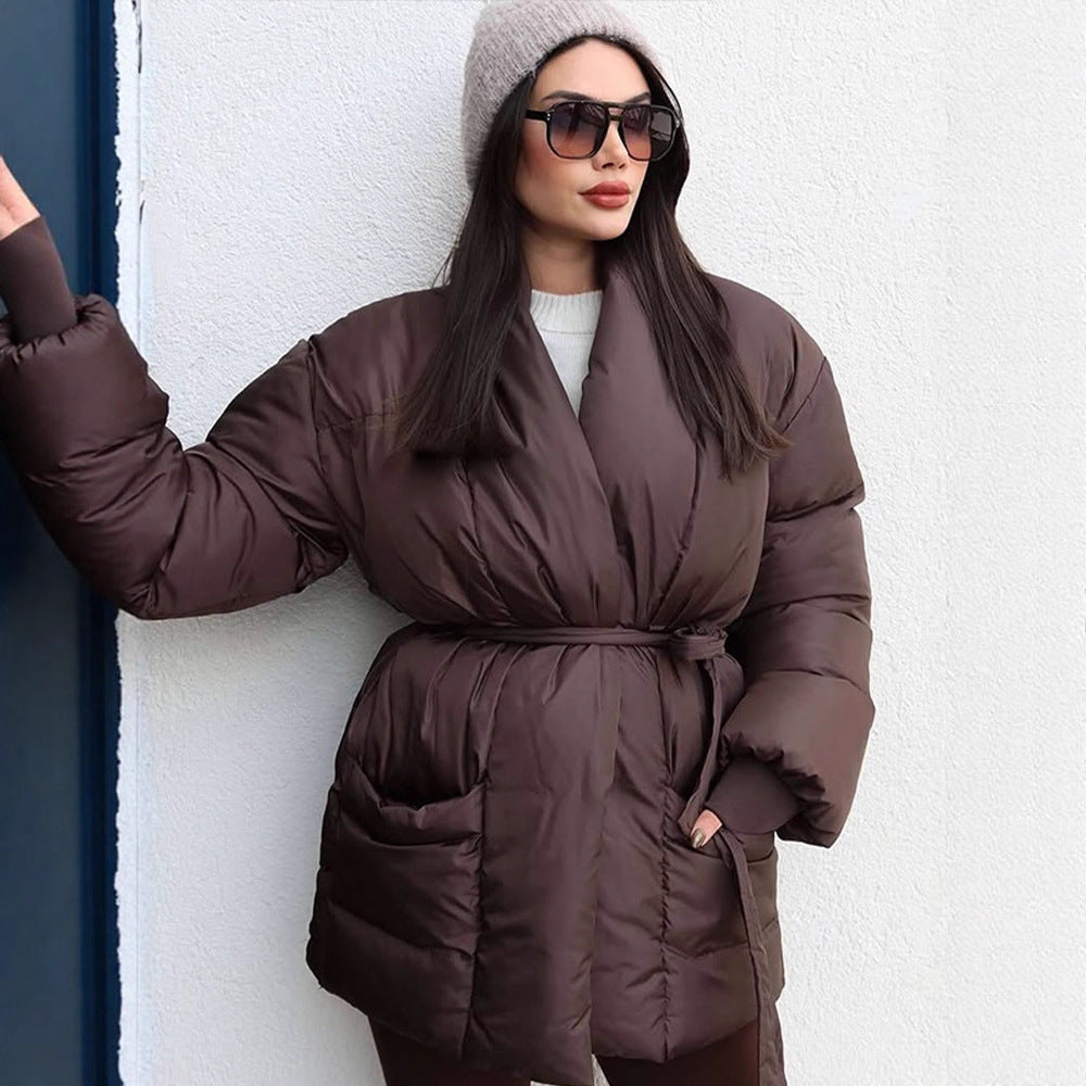 Women's Quilted Tailored Quilted Jacket with Shawl Collar and Tie Belt Mune Fashion