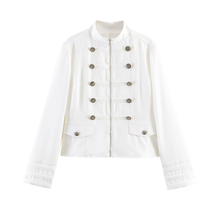 Women Tailored Military Jacket with Double-Breasted Decorative Buttons and Stand-Up Collar Mune Fashion