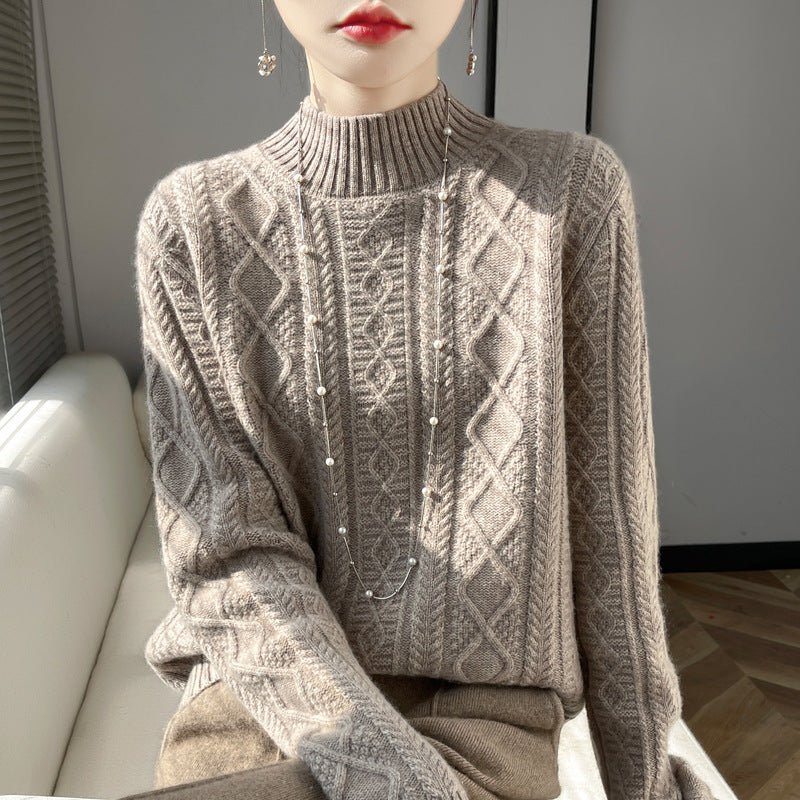 Women Cozy Mohair-Optic Mock Neck Sweater with Diamond Cable Structure and Boxy Silhouette Mune Fashion