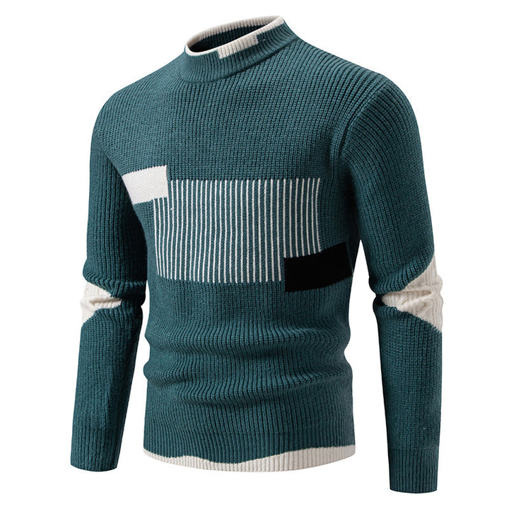 Men's fine ribbed knitted pullover with stand-up collar and contrast block design Mune Fashion