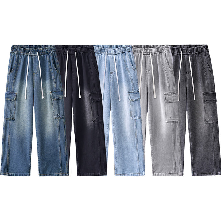 Men's Stonewashed Denim Cargo Palazzo with Extra Wide Legs and Visible Decorative Stitching Mune Fashion