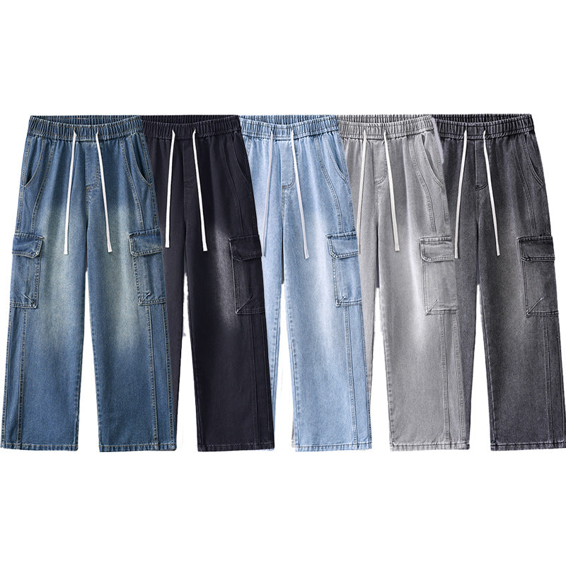 Men's Stonewashed Denim Cargo Palazzo with Extra Wide Legs and Visible Decorative Stitching Mune Fashion