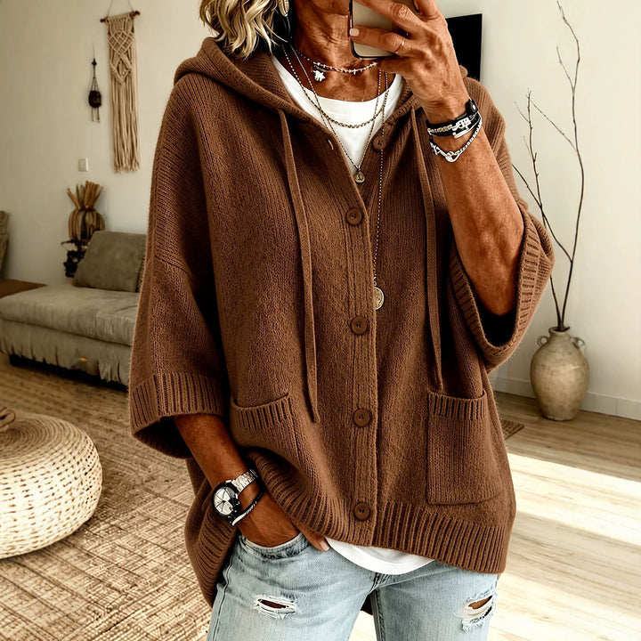 Women's Oversize Hooded Cardigan with Wooden Buttons and Boxy Silhouette Mune Fashion