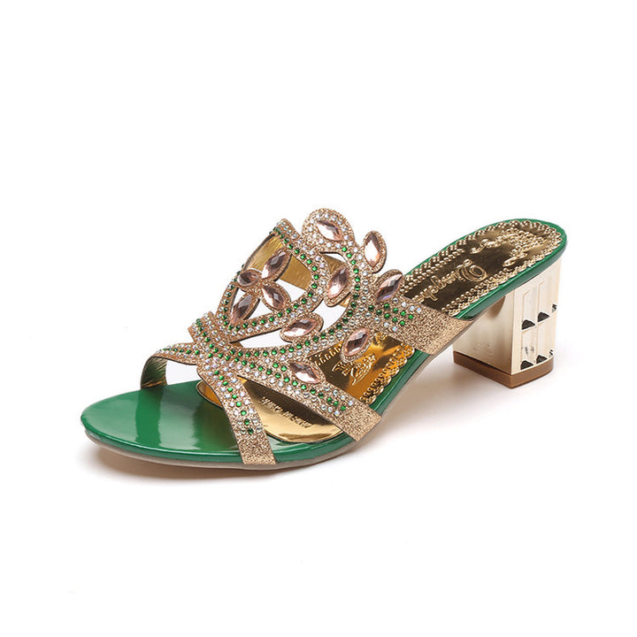 Ladies' embellished mule sandals with curved strap work, crystal embellishment, and metallic faceted block heel Mune Fashion