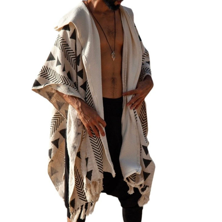 Men's beach poncho with hood and geometric jacquard pattern Mune Fashion