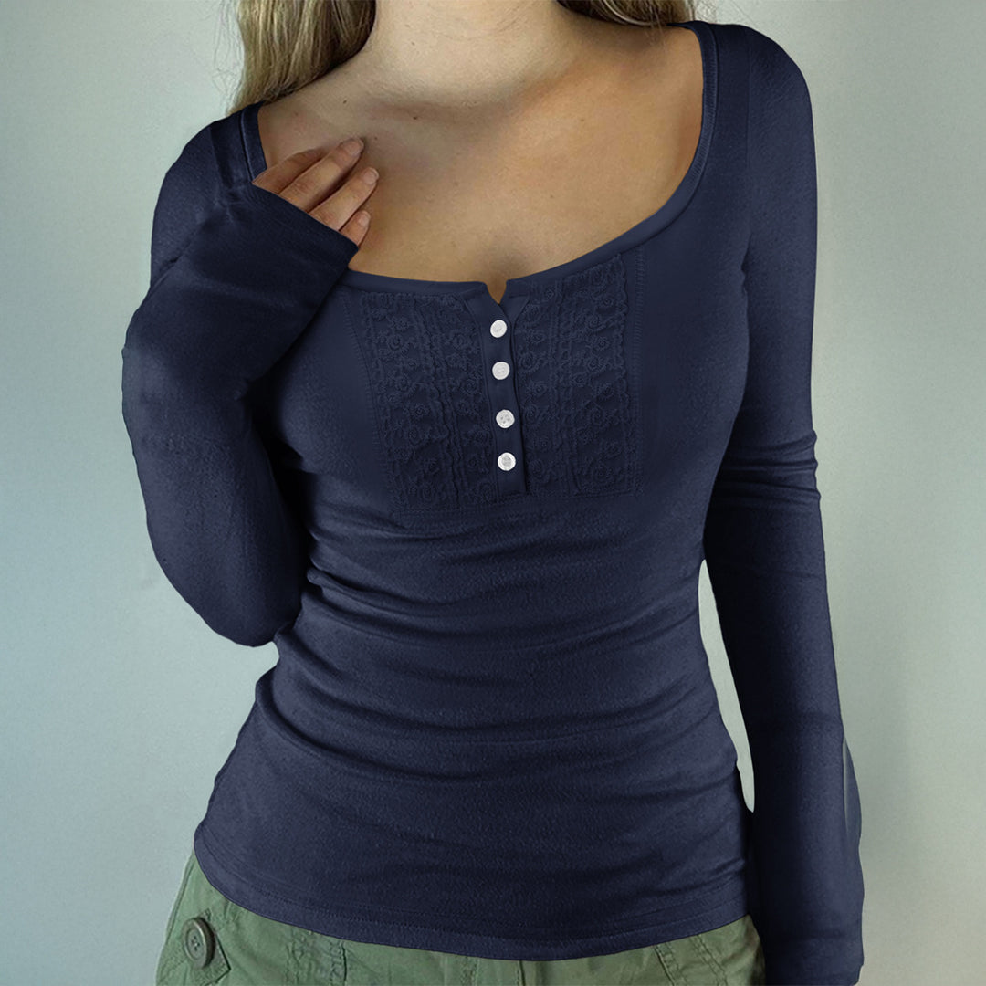 Women’s tailored long-sleeve shirt with square neckline, button placket, and fine lace trim Mune Fashion