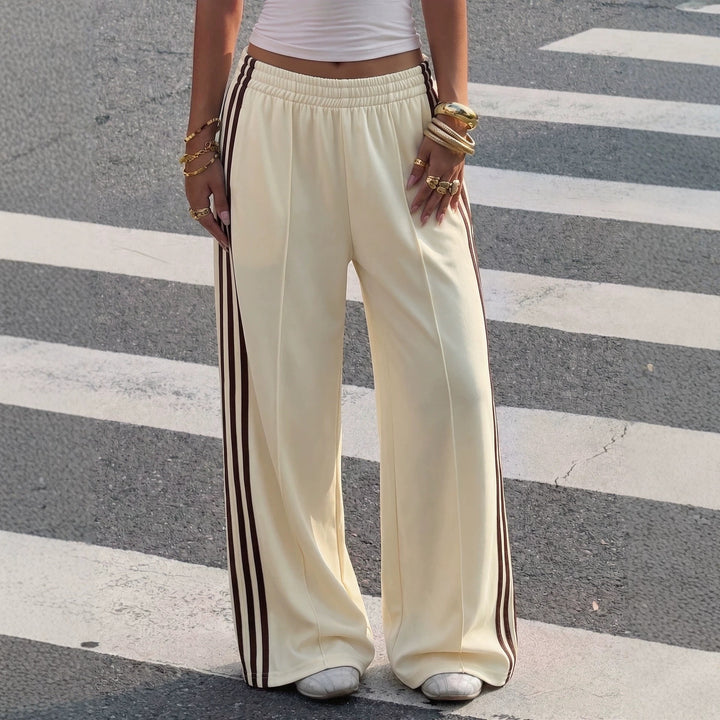 Women's Wide Training Pants with Elastic Waistband and Contrast Stripes Mune Fashion
