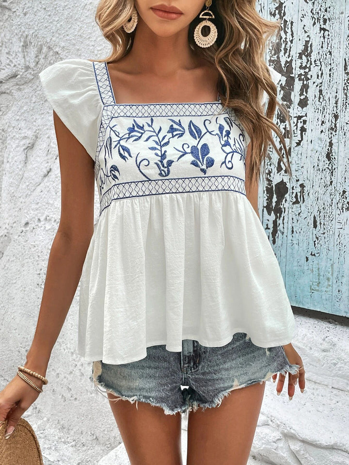 Women Embroidered Babydoll Top with Square Neckline and Ruffled Sleeves Mune Fashion