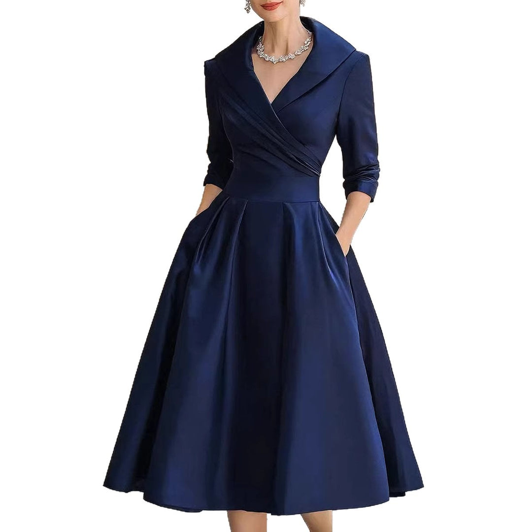 Women's Elegant Satin Midi Dress with Wrap Top, Mid-Length Sleeves and Side Pockets Mune Fashion
