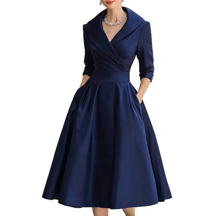 Women's Elegant Satin Midi Dress with Wrap Top, Mid-Length Sleeves and Side Pockets Mune Fashion