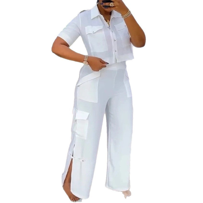 Women's two-piece shirt and cargo pants set with short oversized shirt, high waist, wide leg, and side leg slits Mune Fashion
