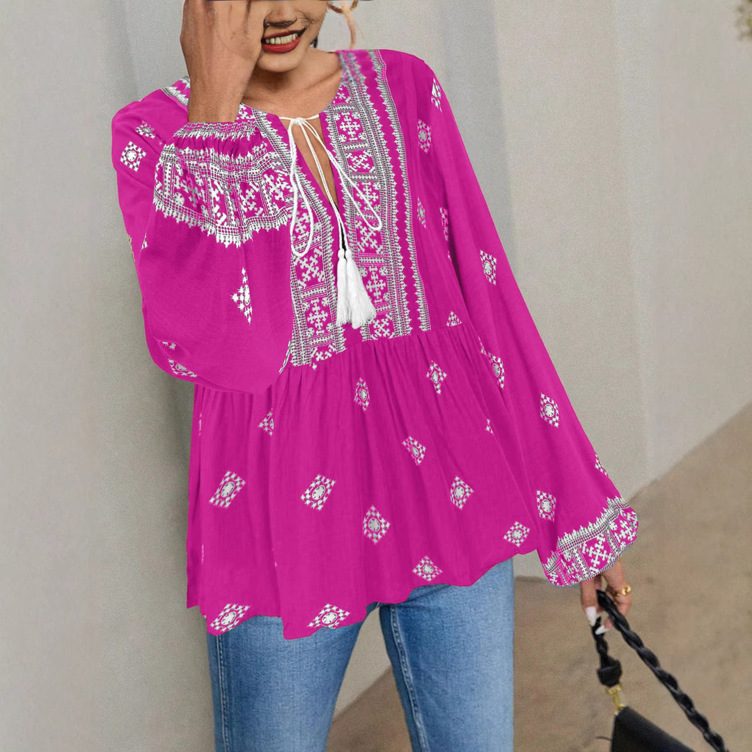 Women Embroidered Boho Tunic Blouse with Tassel Bands and Layered Hem Mune Fashion