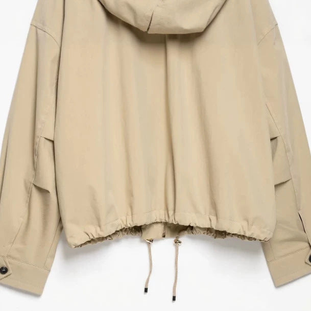 Women's Lightweight Hooded Jacket in Boxy Cut with Drawstring and Check Lining Mune Fashion