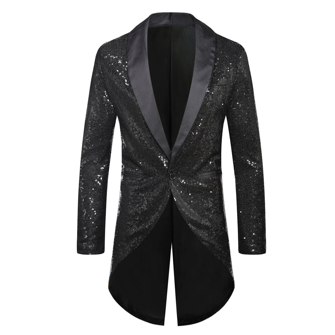 Men's sequin tuxedo jacket with shawl collar satin trim and curved swallowtail Mune Fashion