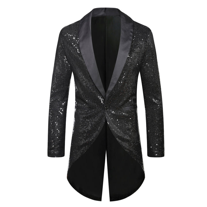 Men's sequin tuxedo jacket with shawl collar satin trim and curved swallowtail Mune Fashion