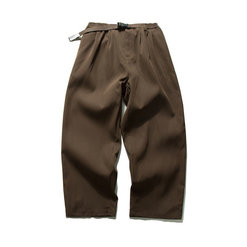 Men's Wide Relaxed Twill Pants with Elastic Waistband, D-Ring Belt, and Pleats Mune Fashion