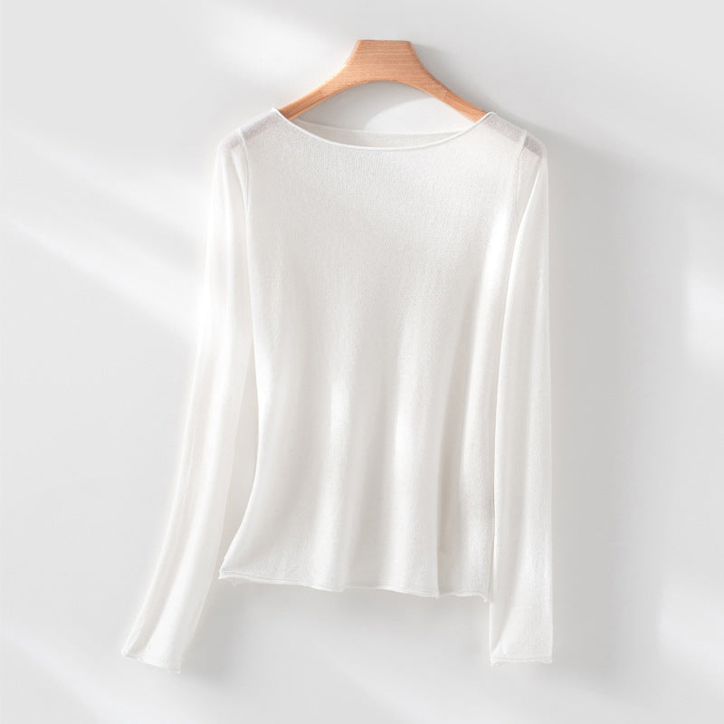 Women's Long Sleeve Fine Knit Shirt with Boat Neck and Light Draping Mune Fashion