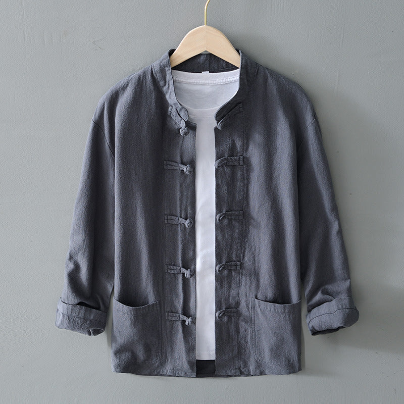 Men's lightweight linen jacket in traditional Chinese style with stand-up collar and knot closures Mune Fashion