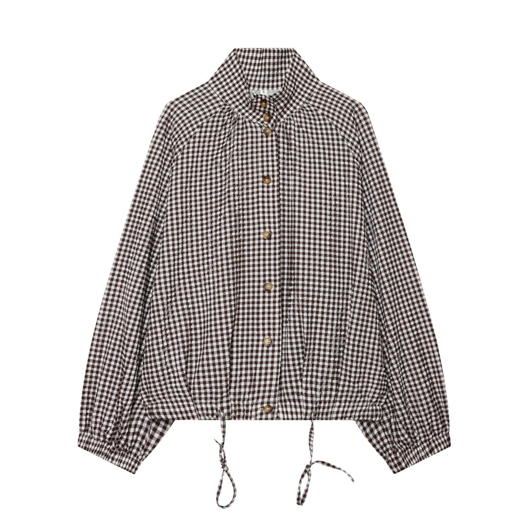 Women's checked cropped blouse jacket with drawstring Drune