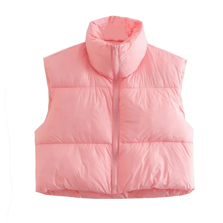 Women's short quilted vest with high stand-up collar, padded thermal filling, and adjustable drawstring hem Mune Fashion