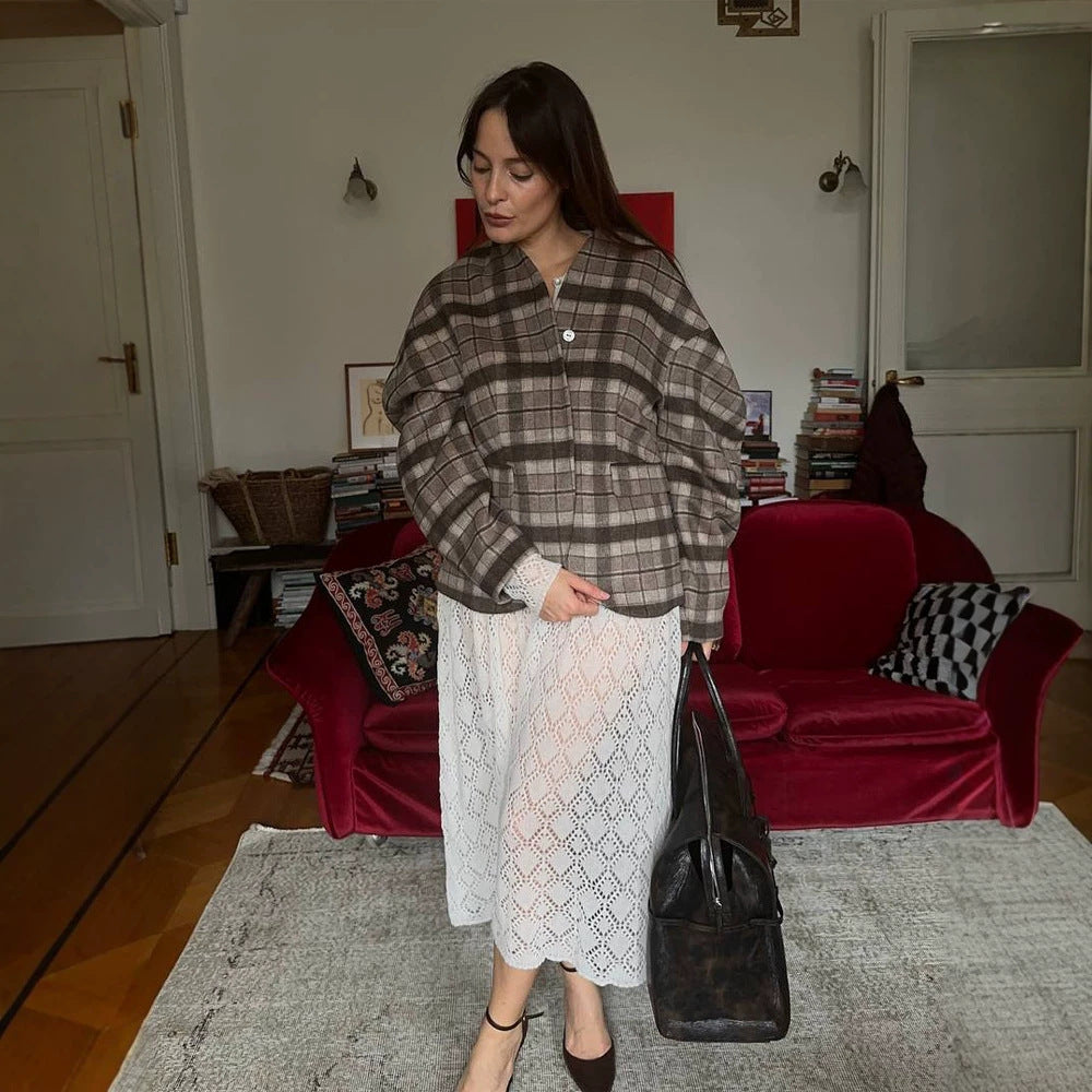 Women's Checked Boxy Blazer with Voluminous Balloon Sleeves Mune Fashion